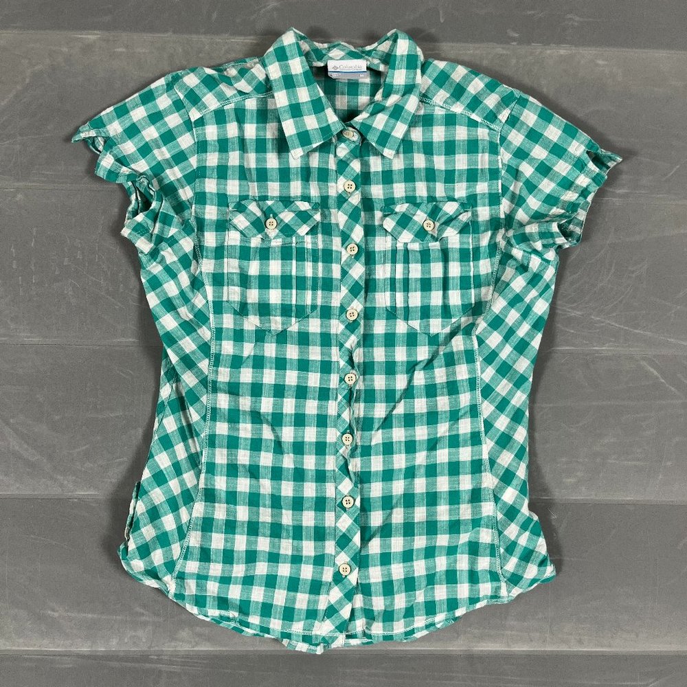 Columbia Button Up Shirt Women's Medium Green Plaid Short Sleeve Pocket Outdoor